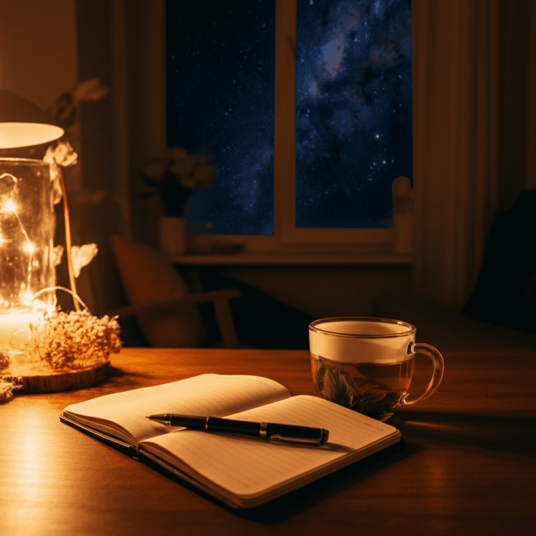 A cozy living room with warm lighting, featuring a cup of herbal tea on a wooden table, a journal with a pen, and a window showing a peaceful night sky with stars. The scene emphasizes relaxation and wellness.