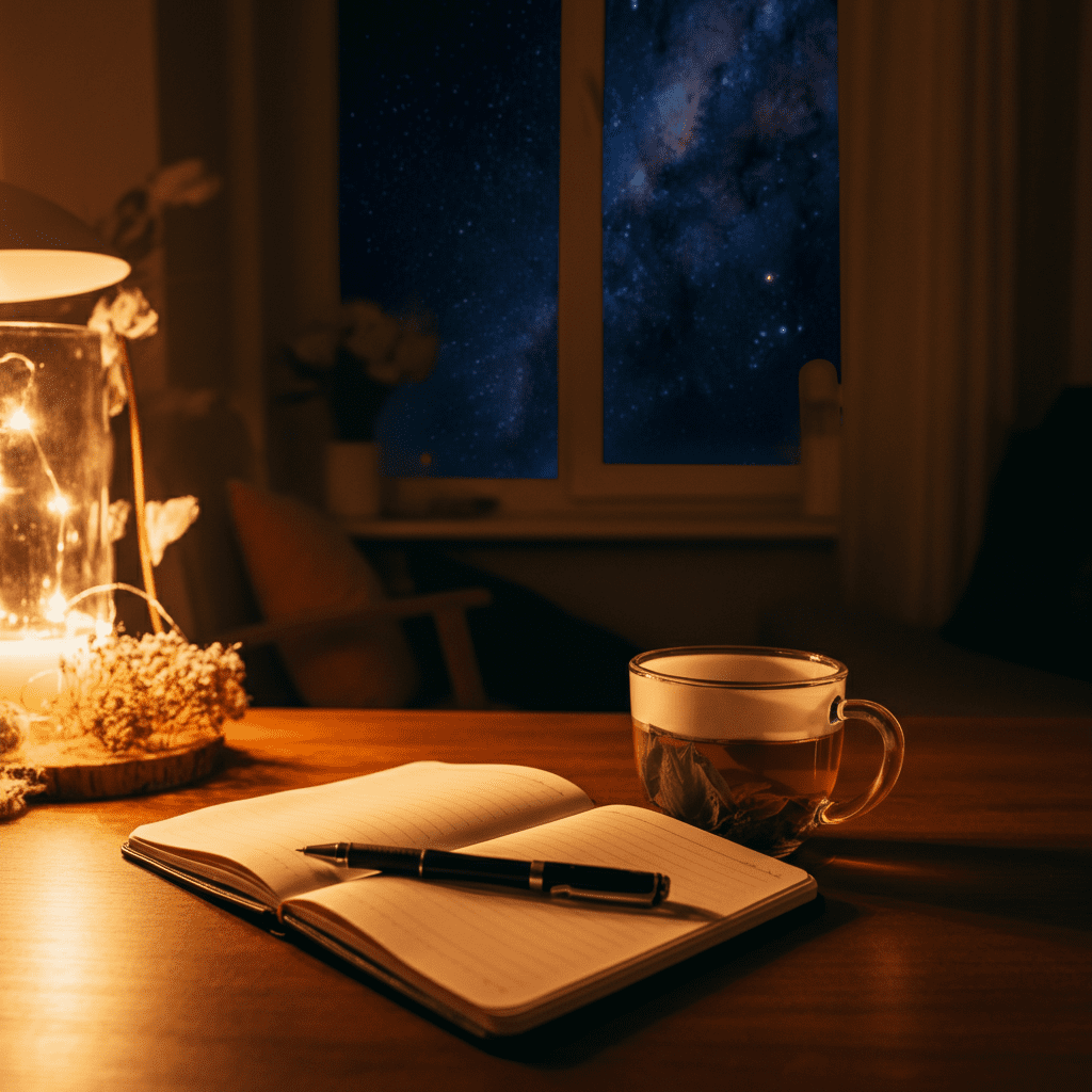 A cozy living room with warm lighting, featuring a cup of herbal tea on a wooden table, a journal with a pen, and a window showing a peaceful night sky with stars. The scene emphasizes relaxation and wellness.