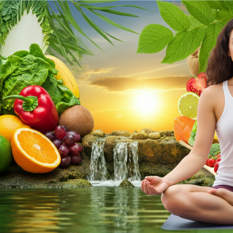 An inspiring image of natural healing through lifestyle changes, featuring a serene background with fresh fruits, vegetables, sunlight, and water. A person is meditating or practicing yoga, radiating health and vitality.